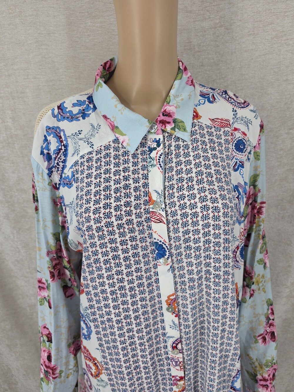 John Mark Floral Embroidered Sheer Panel Long Sleeve Top Mixed Pattern Patchwork - Picture 3 of 12